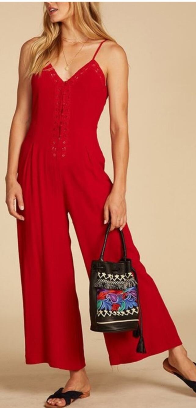 Cotton Candy LA Red Embroidered Jumpsuit Small Cropped Wide Leg Boho